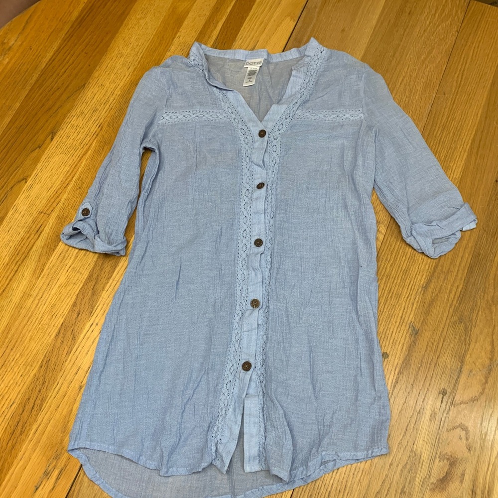 Dotti Blue Cotton Gauze Crochet Lace‎ Button Front Roll Tab Sleeve Tunic Top M
